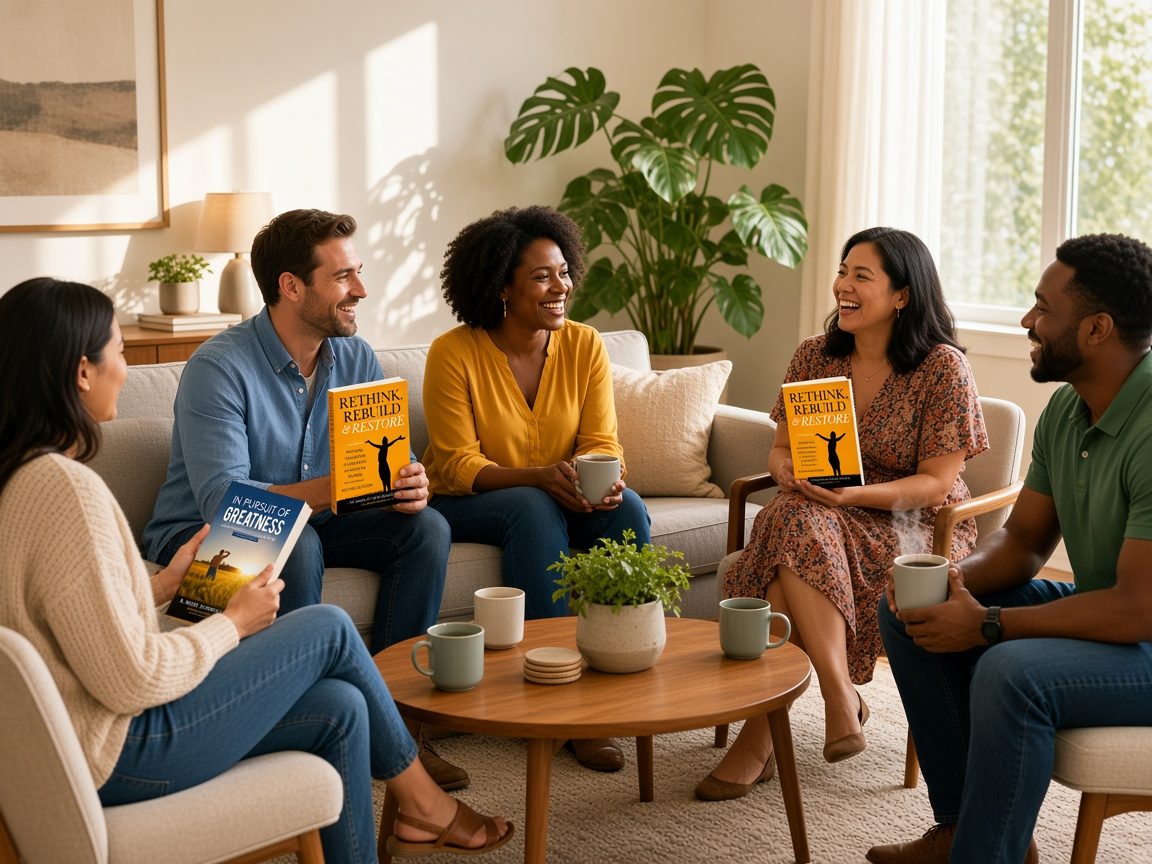 Friends of different backgrounds reading Dr. Renee's books together in a sunny living room